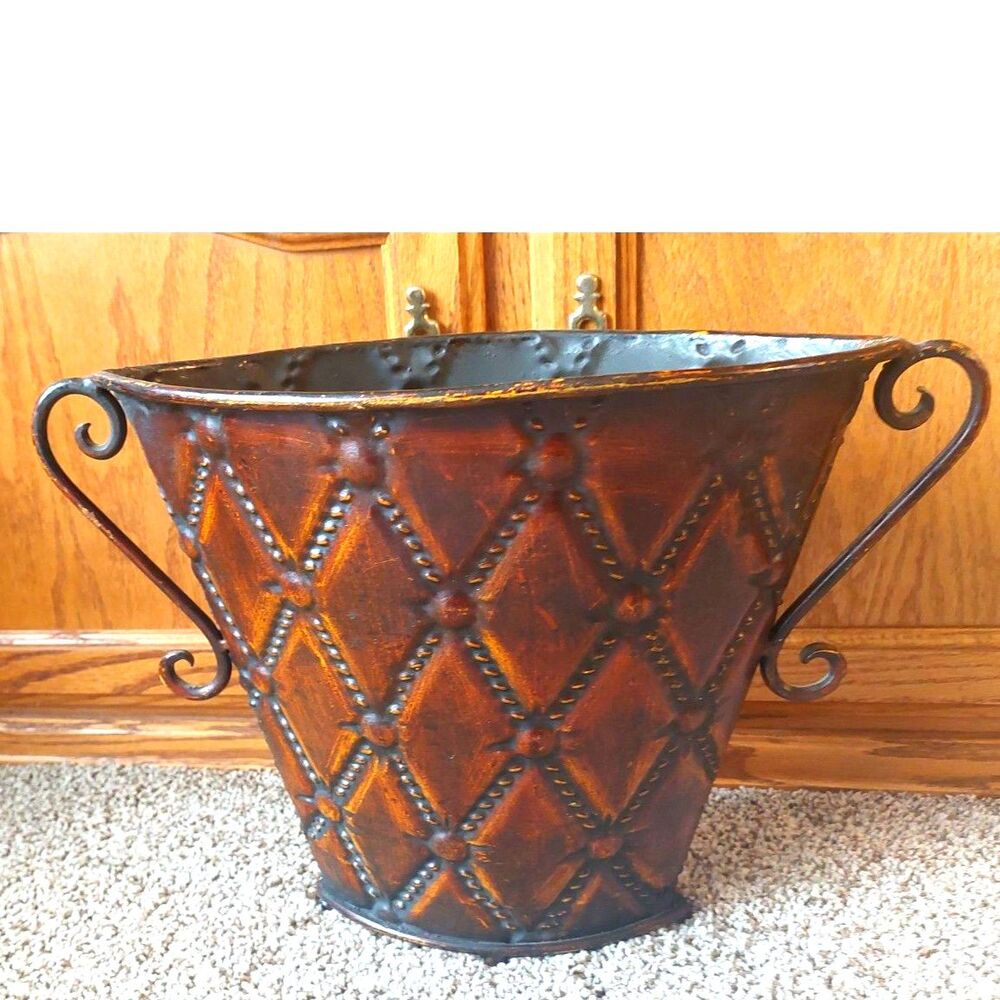 Vintage Tuscan Metal Cachepot Planter Bronze Harlequin Diamond Footed Vase